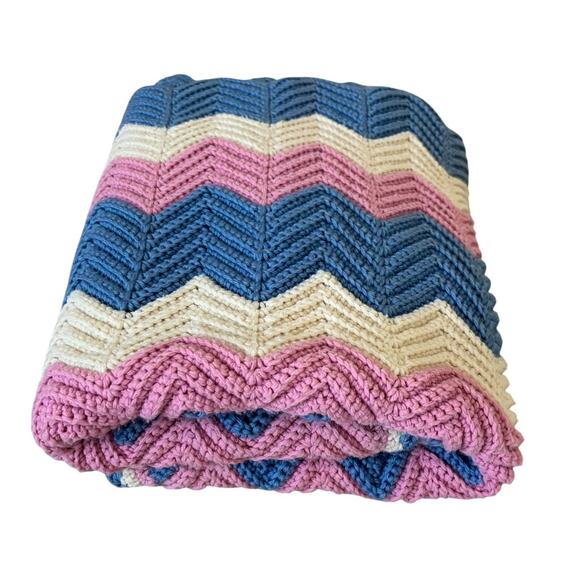 Hand Knit Other - Vintage Hand Knit Baby Blanket Chevron 32" x 62" Blue Pink Granny Afghan